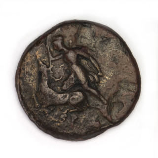 Bronze coin, Chersonesos, 300–290 BC. Obverse: Artemis (Deva) to the left thrusting a spear into a
