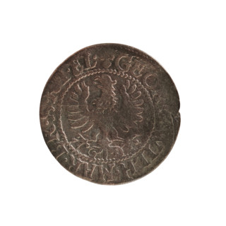 Szelag coin, 1627. Obverse: Prussian eagle with crowned letter S on its chest; rim inscription
