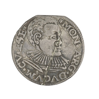 Trojak (with a bust of Frederick Kettler). Obverse: in the border a male bust in armor decorated