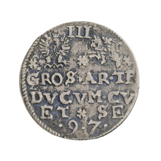 Trojak (with a bust of Frederick Kettler). Obverse: male bust with a beard facing right, in armor