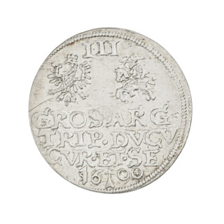 Trojak (with a bust of Wilhelm Kettler). Obverse: in the border a male bust with long hair and a