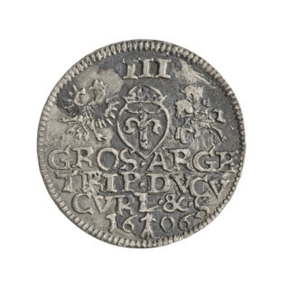 Trojak (with a bust of Wilhelm Kettler). Obverse: in the border a male bust facing right with long