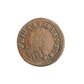 Szelag (coin), 1696. Obverse: beaded border; male bust in a wig and decorative/parade armor facing