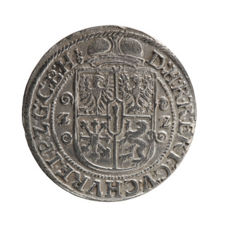 Obv. Bust in a wide ruff and armor facing right, girded with a sash. A sceptre in his right hand.