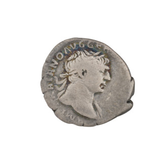 Denarius, Trajan (53–117; Roman emperor 98–117). Obverse: head of Trajan with laurel wreath facing