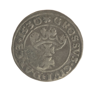 Gdansk grosz, Sigismund I the Old (King of Poland; 1506–1548). Polish coin (1530). Obverse: Crowned