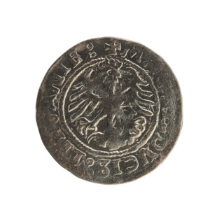 Lithuanian half-grosz, Sigismund I the Old (King of Poland; 1506–1548). Obverse: Pogon (Lithuanian