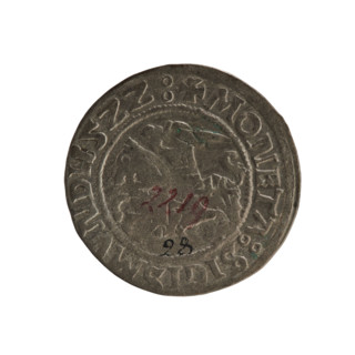 Lithuanian half-grosz, Sigismund I the Old (King of Poland; 1506–1548). Obverse: Pogon (Lithuanian