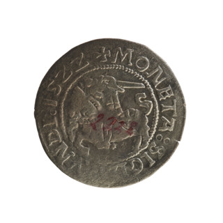 Lithuanian half-grosz, Sigismund I the Old (king of Poland; 1506–1548). Obverse: Chaser (Chaser
