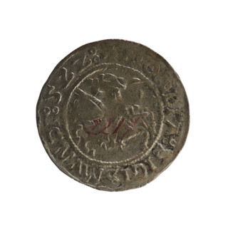 Lithuanian half-grosz, Sigismund I the Old (king of Poland; 1506–1548). Obverse: Chaser (coat of
