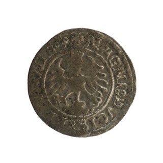 Lithuanian half-grosz, Sigismund I the Old (king of Poland; 1506–1548). Obverse: Chaser turned