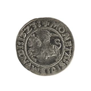 Lithuanian half-grosz, Sigismund I the Old (king of Poland; 1506–1548). Obverse: Pursuer turned