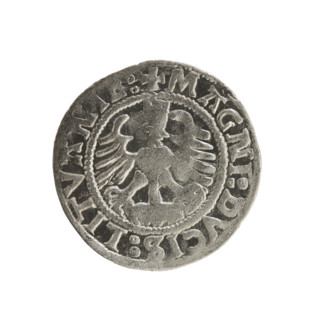 Lithuanian half-grosz, Sigismund I the Old (king of Poland; 1506–1548). Obverse: Pursuer (emblem of