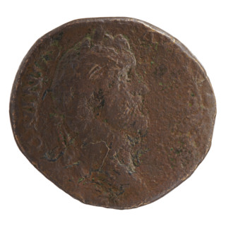 Sestertius of Antoninus Pius (86–161; Roman Emperor 138–161). Obverse: Head of Antoninus Pius in a