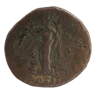 Sestertius of Antoninus Pius (86–161; Roman Emperor 138–161). Obverse: head of Antoninus Pius in a