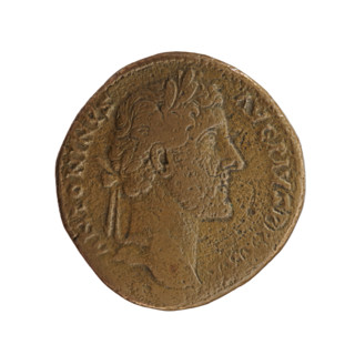 Sestertius, Antoninus Pius (86–161; Roman emperor 138–161). Obverse: Head of Antoninus Pius in a