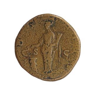 Sestertius of Antoninus Pius (86–161; Roman emperor 138–161). Obverse: head of Antoninus Pius in a