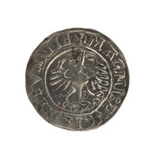 Lithuanian half-grosz, Sigismund I the Old (King of Poland; 1506–1548). Obverse: Pogon (Lithuanian