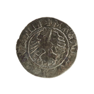 Lithuanian half-grosz, Sigismund I the Old (King of Poland; 1506–1548). Obverse: Pogon turned left;