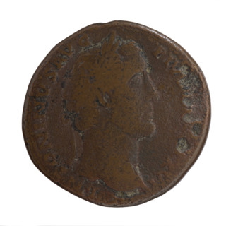 Sestertius of Antoninus Pius (86–161; Roman emperor 138–161). Obverse: head of the emperor in a