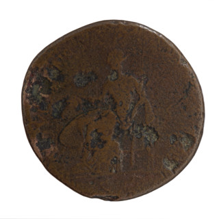 Sestertius of Antoninus Pius (86–161; Roman emperor 138–161). Obverse: head of the emperor in a