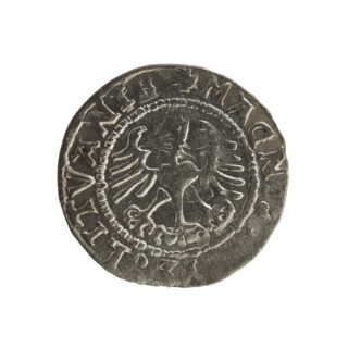 Lithuanian half-grosz, Sigismund I the Old (king of Poland; 1506–1548). Obverse: Pursuer turned
