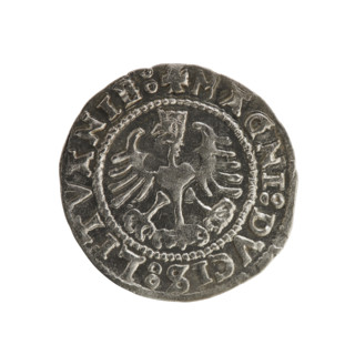 Lithuanian half-grosz, Sigismund I the Old (king of Poland; 1506–1548). Obverse: Pursuer turned
