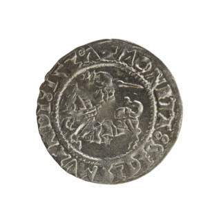 Lithuanian half-grosz, Sigismund I the Old (king of Poland; 1506–1548). Obverse: Pursuer turned