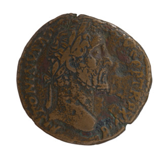 Sestertius, Antoninus Pius (86–161; Roman emperor 138–161). Obverse: Head of Antoninus Pius in a