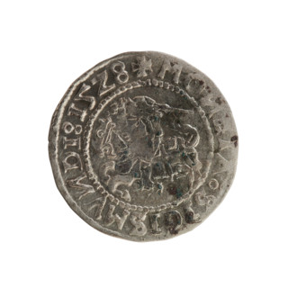 Lithuanian half-grosz, Sigismund I the Old (King of Poland; 1506–1548). Obverse: Pogon (Lithuanian