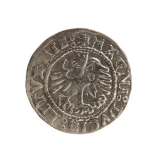 Lithuanian half-grosz, Sigismund I the Old (King of Poland; 1506–1548). Obverse: Pogon (Lithuanian