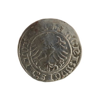 Lithuanian half-grosz, Sigismund I the Old (King of Poland; 1506–1548). Obverse: Pogon (Lithuanian