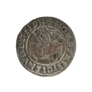 Lithuanian half-grosz, Sigismund I the Old (king of Poland; 1506–1548). Obverse: Pogon (Lithuanian