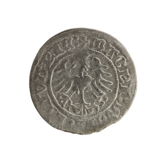 Lithuanian half-grosz, Sigismund I the Old (king of Poland; 1506–1548). Obverse: Pursuer turned