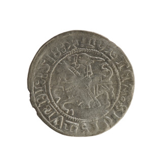 Lithuanian half-grosz, Sigismund I the Old (king of Poland; 1506–1548). Obverse: Pursuer turned