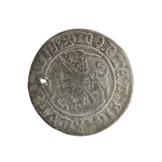 Lithuanian half-grosz, Sigismund I the Old (king of Poland; 1506–1548). Silver coin, 1518. Obverse: