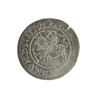 Lithuanian half-grosz, Sigismund I the Old (King of Poland; 1506–1548). Obverse: Pogon turned left;