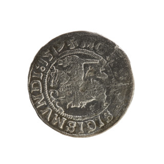 Lithuanian half-grosz, Sigismund I the Old (king of Poland; 1506–1548). Obverse: Chaser (coat of