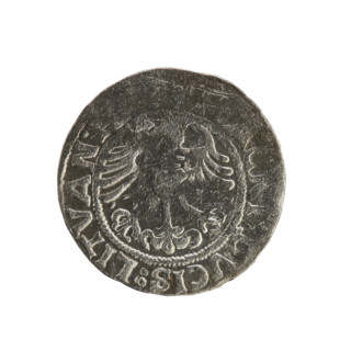 Lithuanian half-grosz, Sigismund I the Old (king of Poland; 1506–1548). Obverse: Chaser (coat of