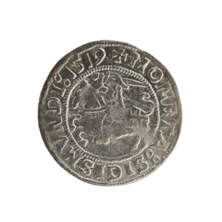Lithuanian half-grosz, Sigismund I the Old (king of Poland; 1506–1548). Obverse: Pursuer turned