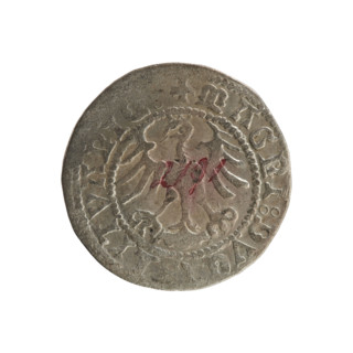 Lithuanian half-grosz, Sigismund I the Old (king of Poland; 1506–1548). Obverse: Chaser turned