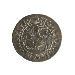 Lithuanian half-grosz, Sigismund I the Old (king of Poland; 1506–1548). Obverse: Chaser turned