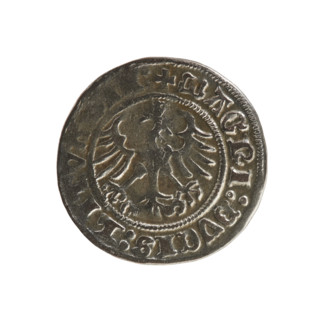 Lithuanian half-grosz, Sigismund I the Old (King of Poland; 1506–1548). Obverse: Pogon turned left;
