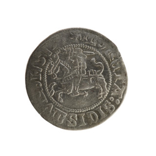 Lithuanian half-grosz, Sigismund I the Old (king of Poland; 1506–1548). Obverse: Pogon turned left;