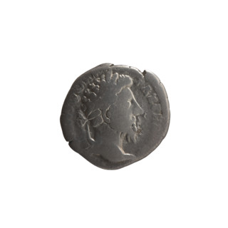 Denarius of Marcus Aurelius (121–180; Roman emperor 161–180). Obverse: Head of Marcus Aurelius with