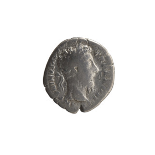 Denarius of Marcus Aurelius (121–180; Roman emperor 161–180). Obverse: Head of Marcus Aurelius with