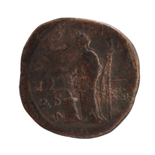 Sestertius of Marcus Aurelius (121–180; Roman emperor 161–180). Obverse: Head of Marcus Aurelius