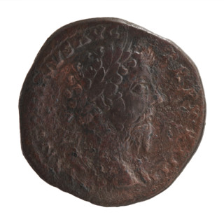 Sestertius, Marcus Aurelius (121–180; Roman Emperor 161–180), issuer. Obverse: Bust of Marcus