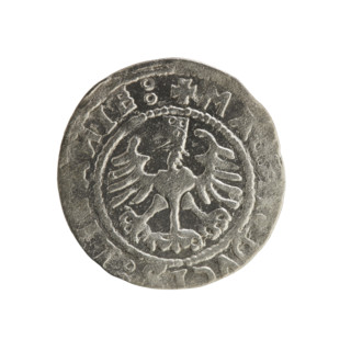 Lithuanian half-grosz, Sigismund I the Old (King of Poland; 1506–1548). Obverse: Pogon (Lithuanian