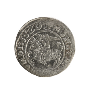 Lithuanian half-grosz, Sigismund I the Old (king of Poland; 1506–1548). Obverse: Pogon (mounted